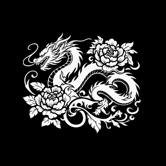 Chinoiserie Dragon intertwined with Vines & Peonies Vinyl Decal – CAR WINDOW, LAPTOP