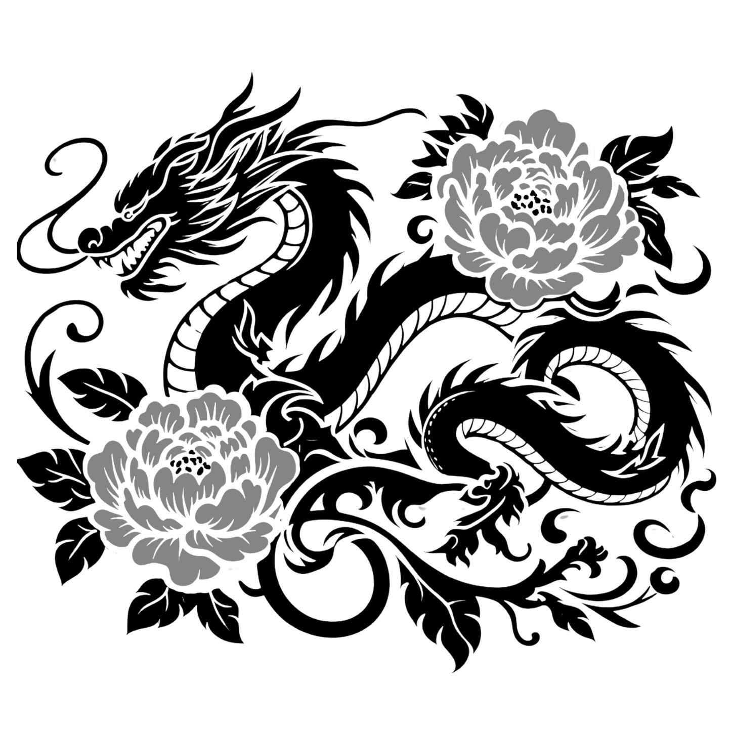 Chinoiserie Dragon intertwined with Vines & Peonies Vinyl Decal – CAR WINDOW, LAPTOP