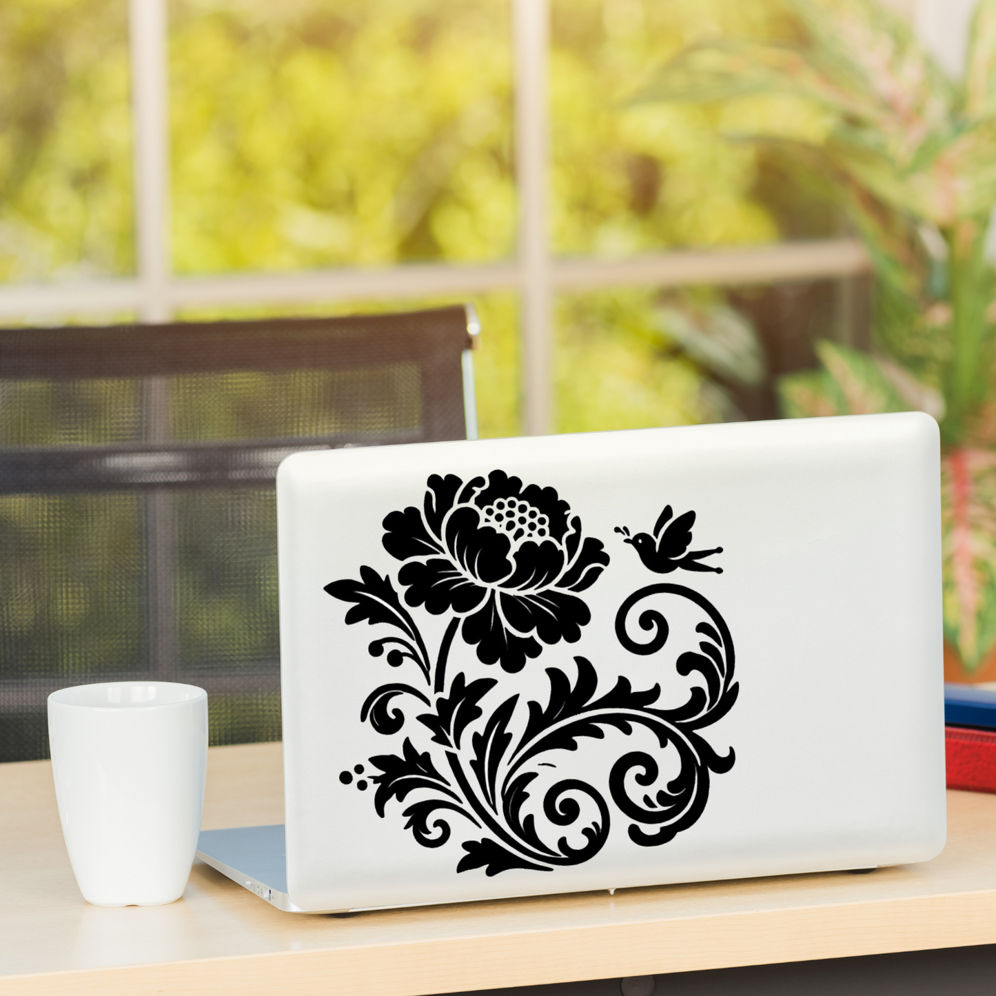 Elegant Chinoiserie Peony & small Bird Vinyl Decal – Timeless Floral Glass Décor, Auto Custom Decal and more