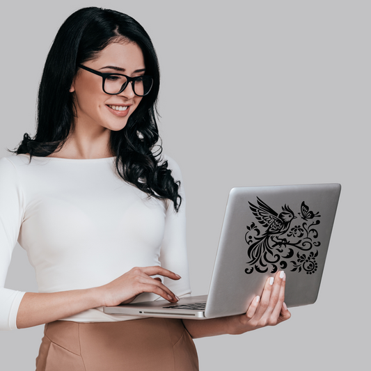 Chinoiserie Bird with wings out, Vines and Butterfly Vinyl Decal – Elegant Floral Bird Silhouette Design