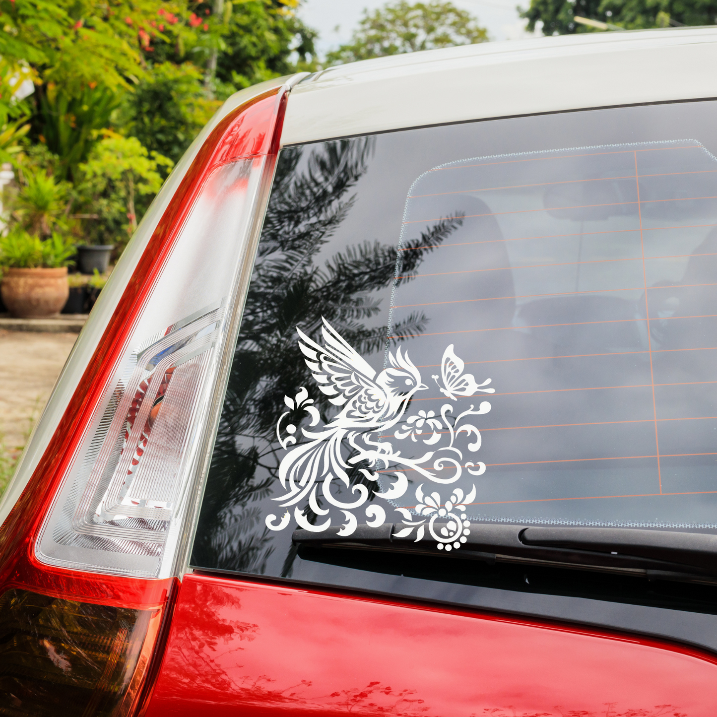Chinoiserie Bird with wings out, Vines and Butterfly Vinyl Decal – Elegant Floral Bird Silhouette Design