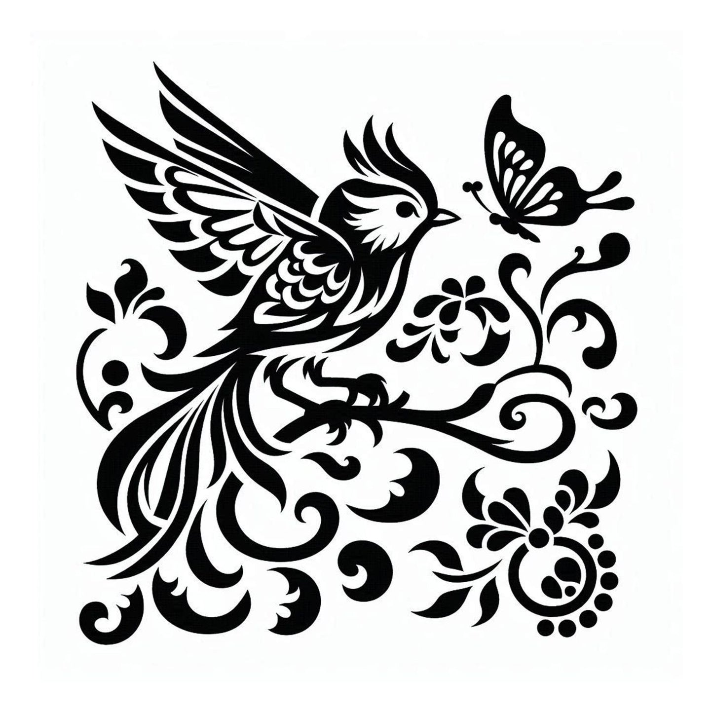 Chinoiserie Bird with wings out, Vines and Butterfly Vinyl Decal – Elegant Floral Bird Silhouette Design