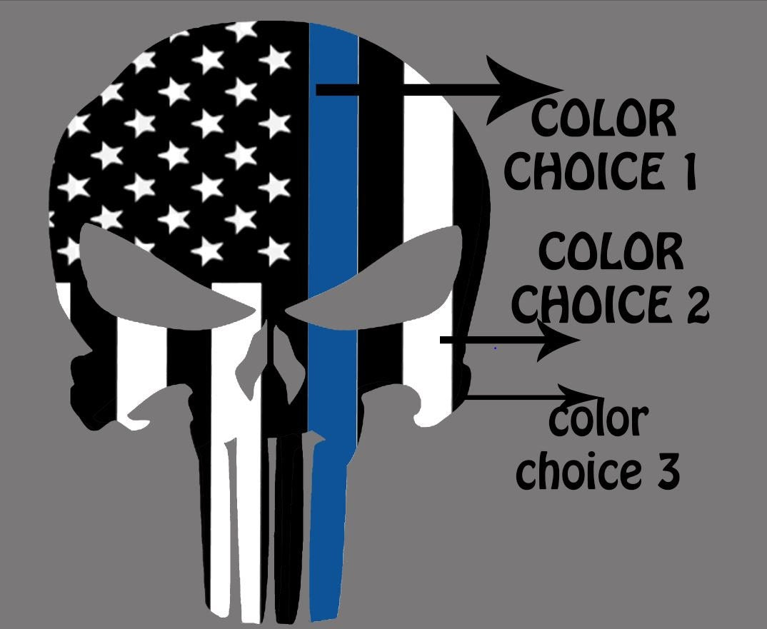 Custom Punisher Skull Design Vinyl Decal – American Flag and Thin "Blue" Line – Personalized Color Options Available