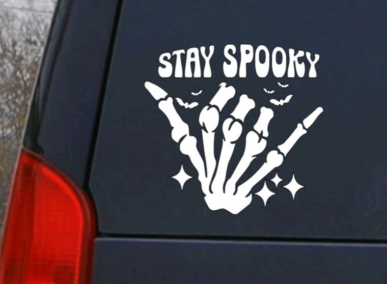 SKELETON HAND Stay Spooky Hand Gesture DECAL Skeleton Hand with Bats Vinyl Car Decal Halloween Decal Computer Vinyl Decal