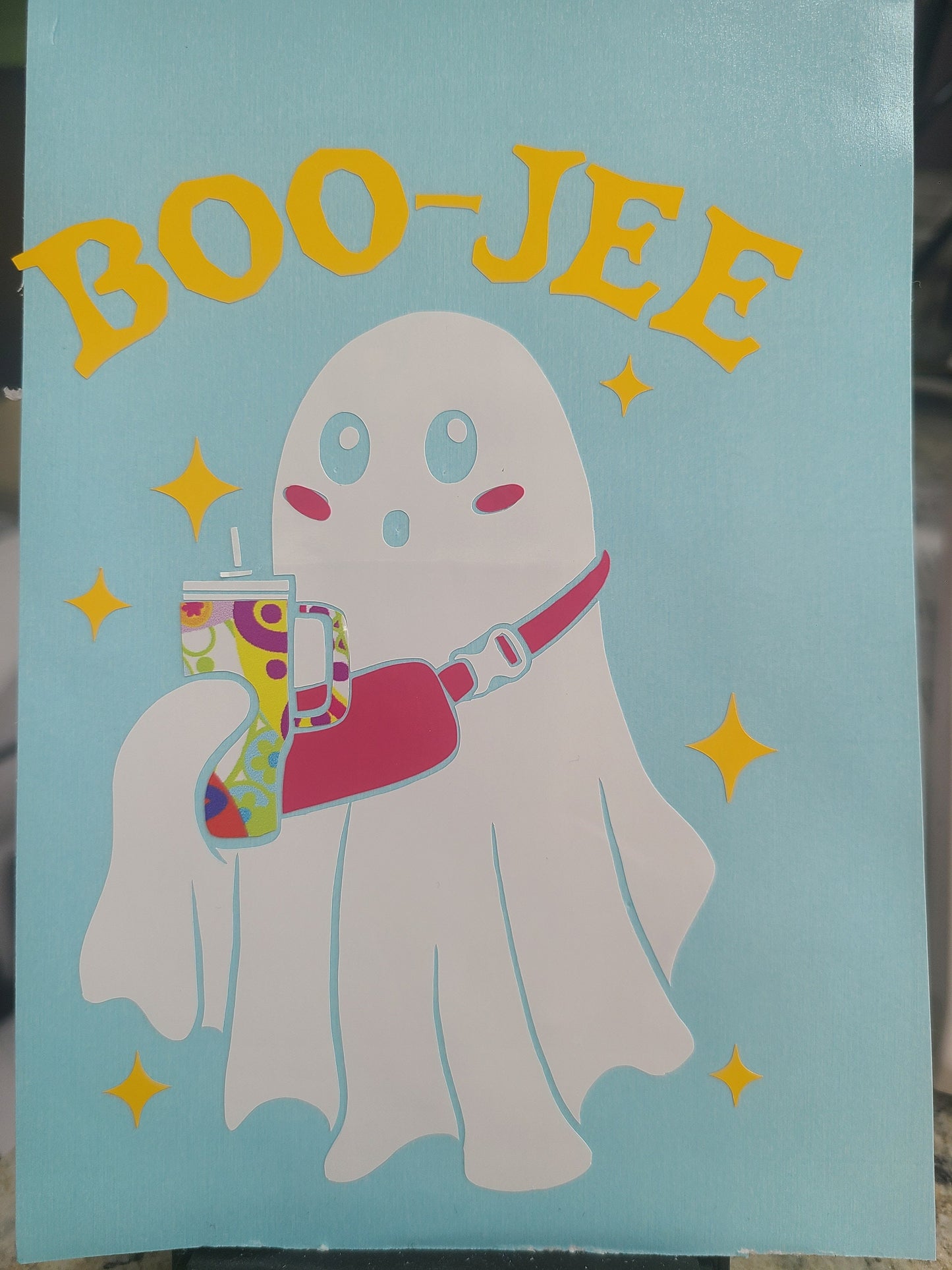 VINYL Decal | BOO-Jee Ghost with Water Bottle and Crossbody/Sling Purse Decal |Funny Ghost Vinyl Sticker | Window Decal Computer Decal