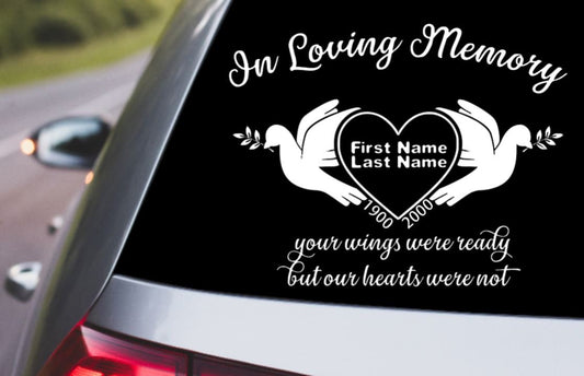 Vinyl Decal | IN LOVING MEMORY with Peace Doves and Hrt | Memorial Decal for Family and Friends | Bereavement Decal | Personalized Memorial