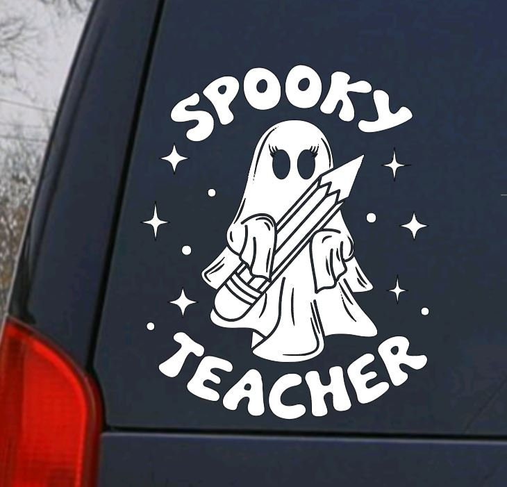 VINYL Decal | SPOOKY Teacher Decal | Ghost and Pencil Door Decal | Classroom Decal Vinyl Sticker | Window Decal Computer Decal