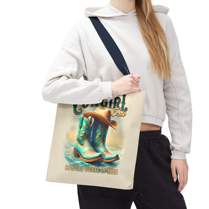 Cowgirl State of Mind Tote Bag – Turquoise and brown cowgirl boots - Cowgirl Era Perfect for Western Lovers and Everyday Use