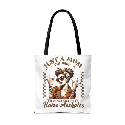 Funny Mom Tote Bag - Just a Mom Trying Not to Raise Assholes - Mother's Day Gift