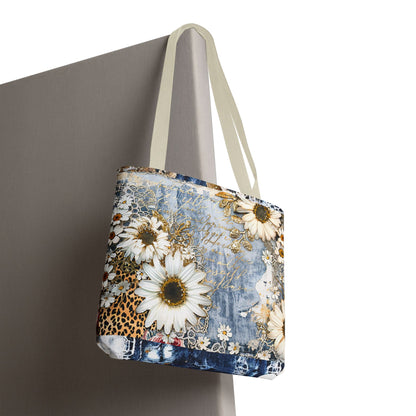 Chic Floral (Daisies and Sunflowers) Tote Bag with Leopard, Denim, and Lace Print - Stylish Everyday Accessory