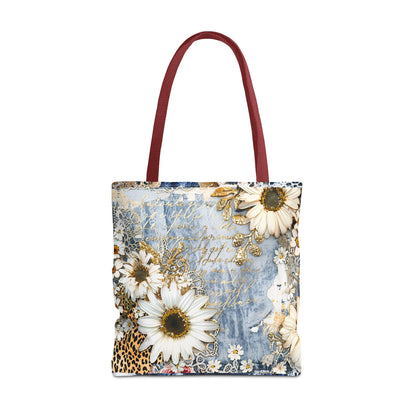 Chic Floral (Daisies and Sunflowers) Tote Bag with Leopard, Denim, and Lace Print - Stylish Everyday Accessory