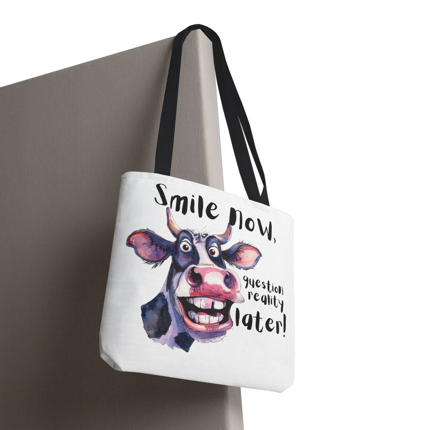 Funny Cow Tote Bag - 'Smile Now, Question Reality Later!' - Great Gift Idea, Mother's Day Gift