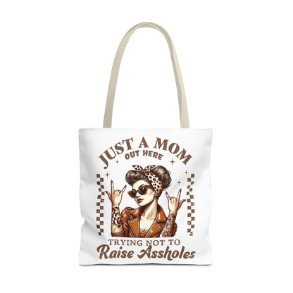 Funny Mom Tote Bag - Just a Mom Trying Not to Raise Assholes - Mother's Day Gift