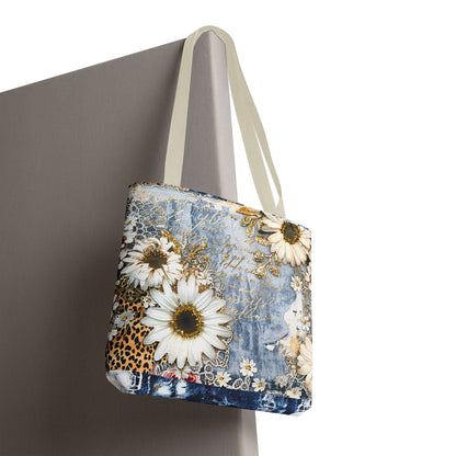 Chic Floral (Daisies and Sunflowers) Tote Bag with Leopard, Denim, and Lace Print - Stylish Everyday Accessory