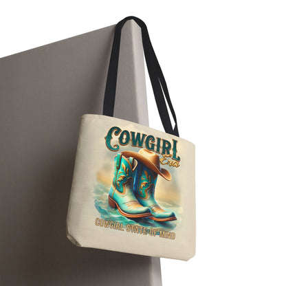 Cowgirl State of Mind Tote Bag – Turquoise and brown cowgirl boots - Cowgirl Era Perfect for Western Lovers and Everyday Use
