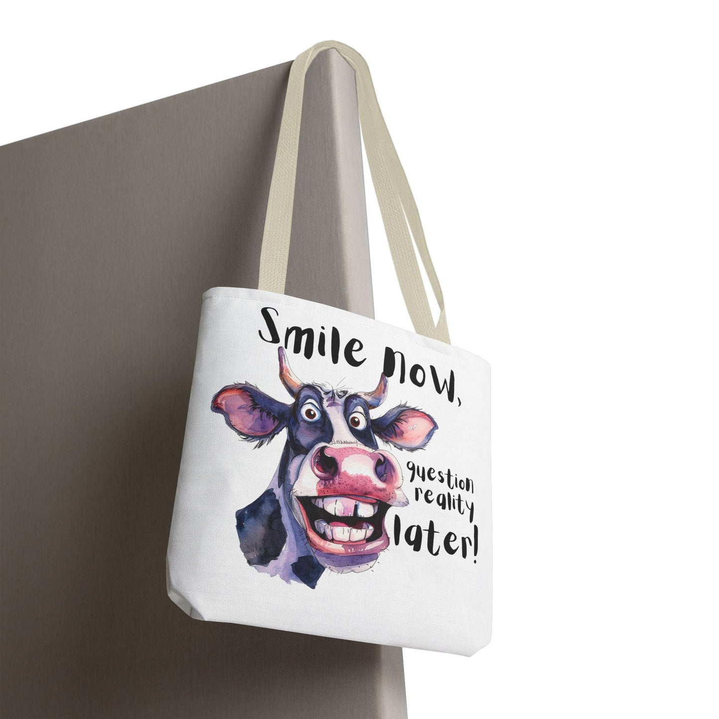 Funny Cow Tote Bag - 'Smile Now, Question Reality Later!' - Great Gift Idea, Mother's Day Gift