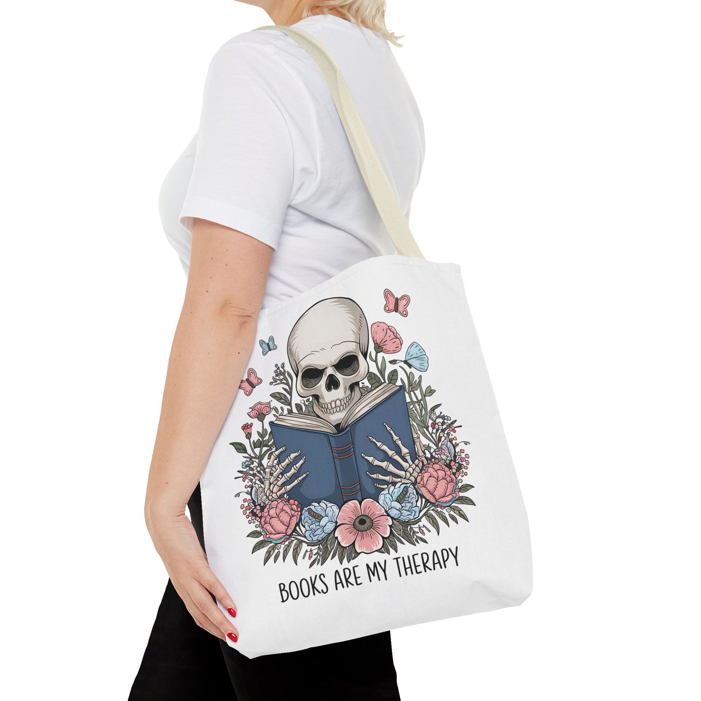 Books Are My Therapy- Skeleton Floral Tote Bag - Perfect Gift for Book Lovers