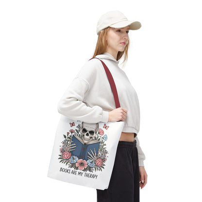 Books Are My Therapy- Skeleton Floral Tote Bag - Perfect Gift for Book Lovers