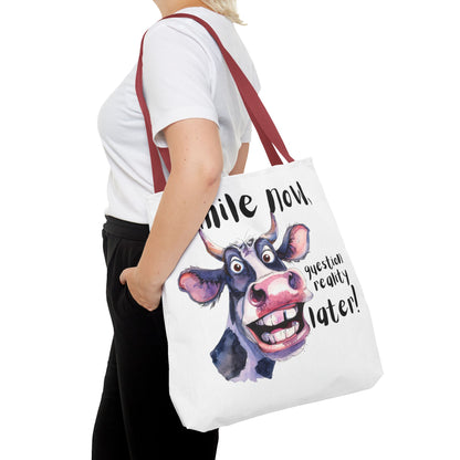 Funny Cow Tote Bag - 'Smile Now, Question Reality Later!' - Great Gift Idea, Mother's Day Gift