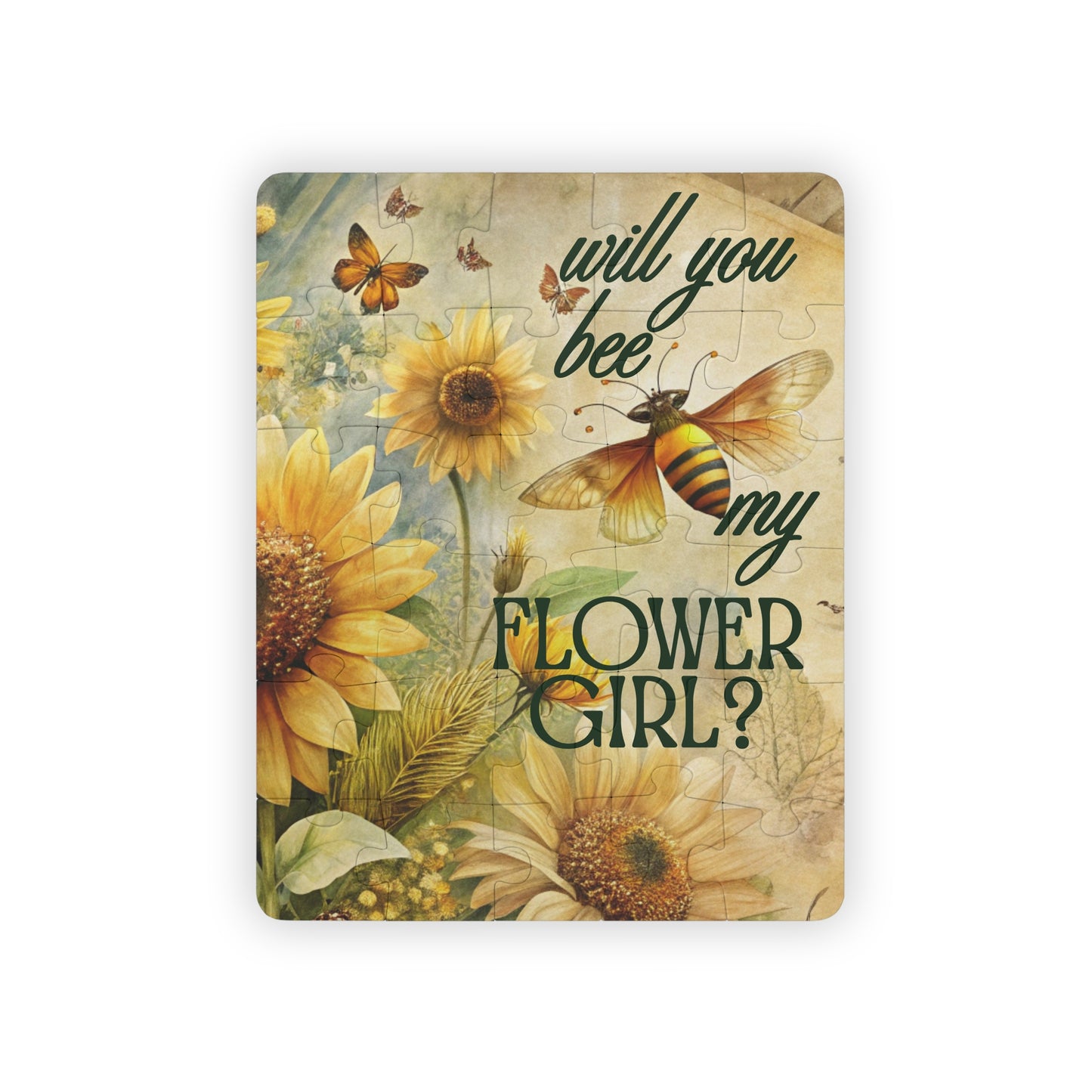 Bee & Sunflower Flower Girl Proposal Puzzle – “Will You Bee My Flower Girl?”  30-Piece Bridal Party Proposal Puzzle