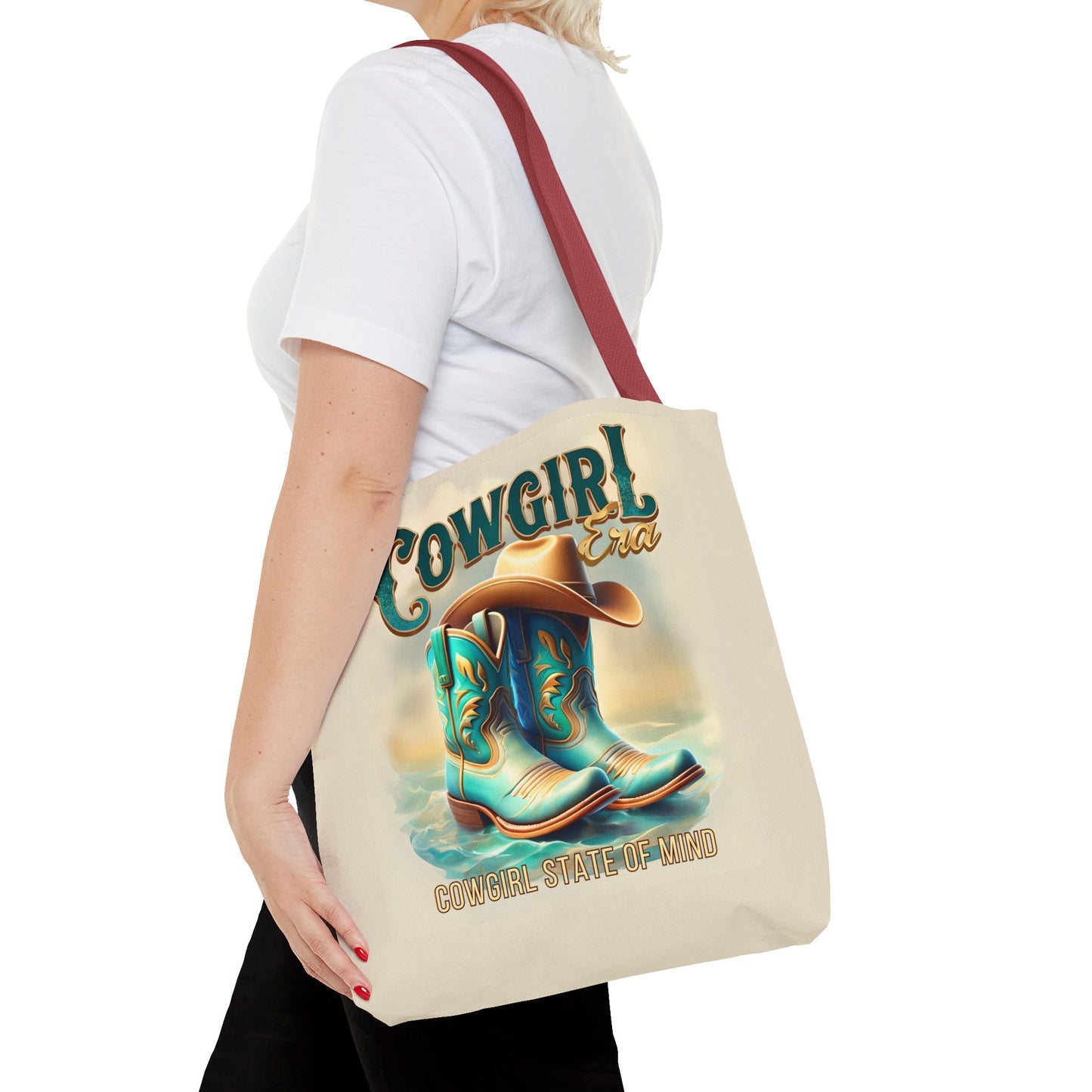 Cowgirl State of Mind Tote Bag – Turquoise and brown cowgirl boots - Cowgirl Era Perfect for Western Lovers and Everyday Use