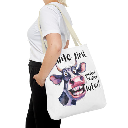 Funny Cow Tote Bag - 'Smile Now, Question Reality Later!' - Great Gift Idea, Mother's Day Gift