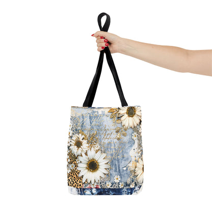 Chic Floral (Daisies and Sunflowers) Tote Bag with Leopard, Denim, and Lace Print - Stylish Everyday Accessory