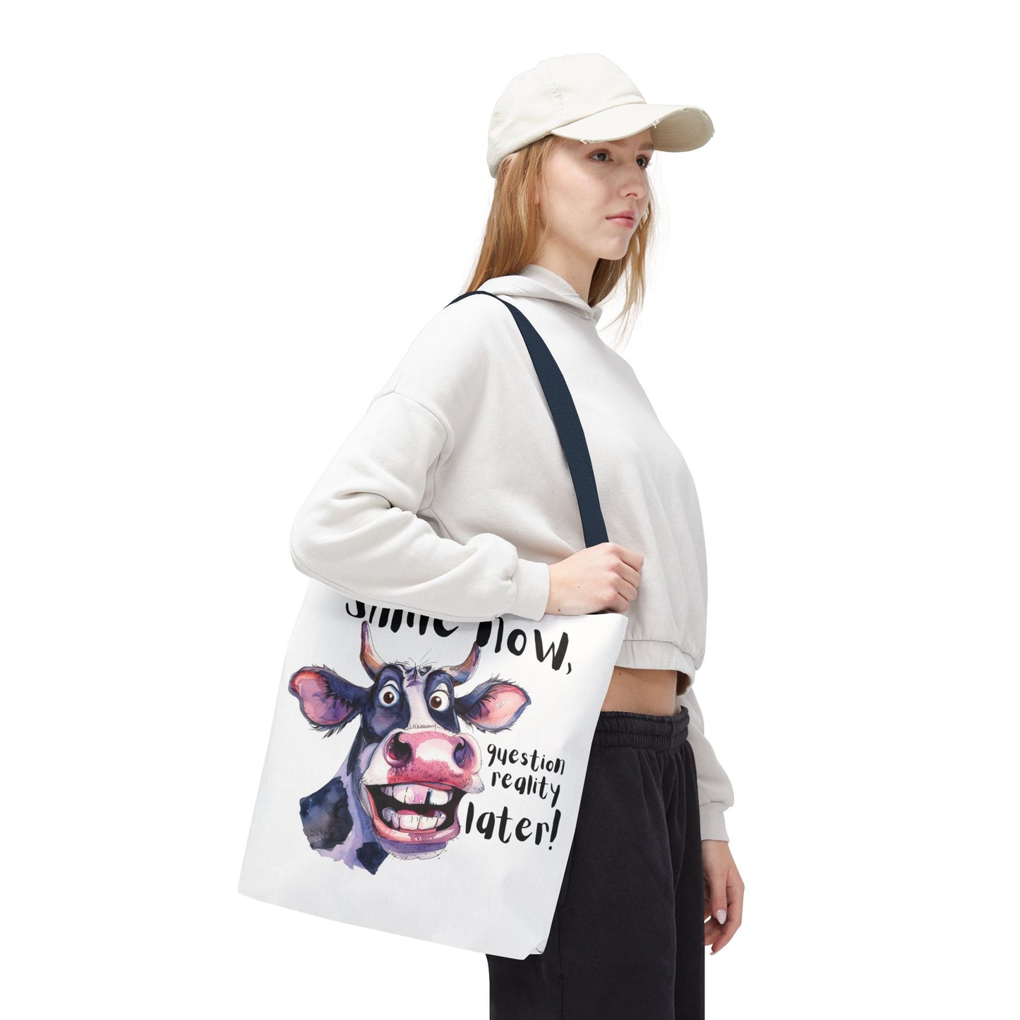 Funny Cow Tote Bag - 'Smile Now, Question Reality Later!' - Great Gift Idea, Mother's Day Gift