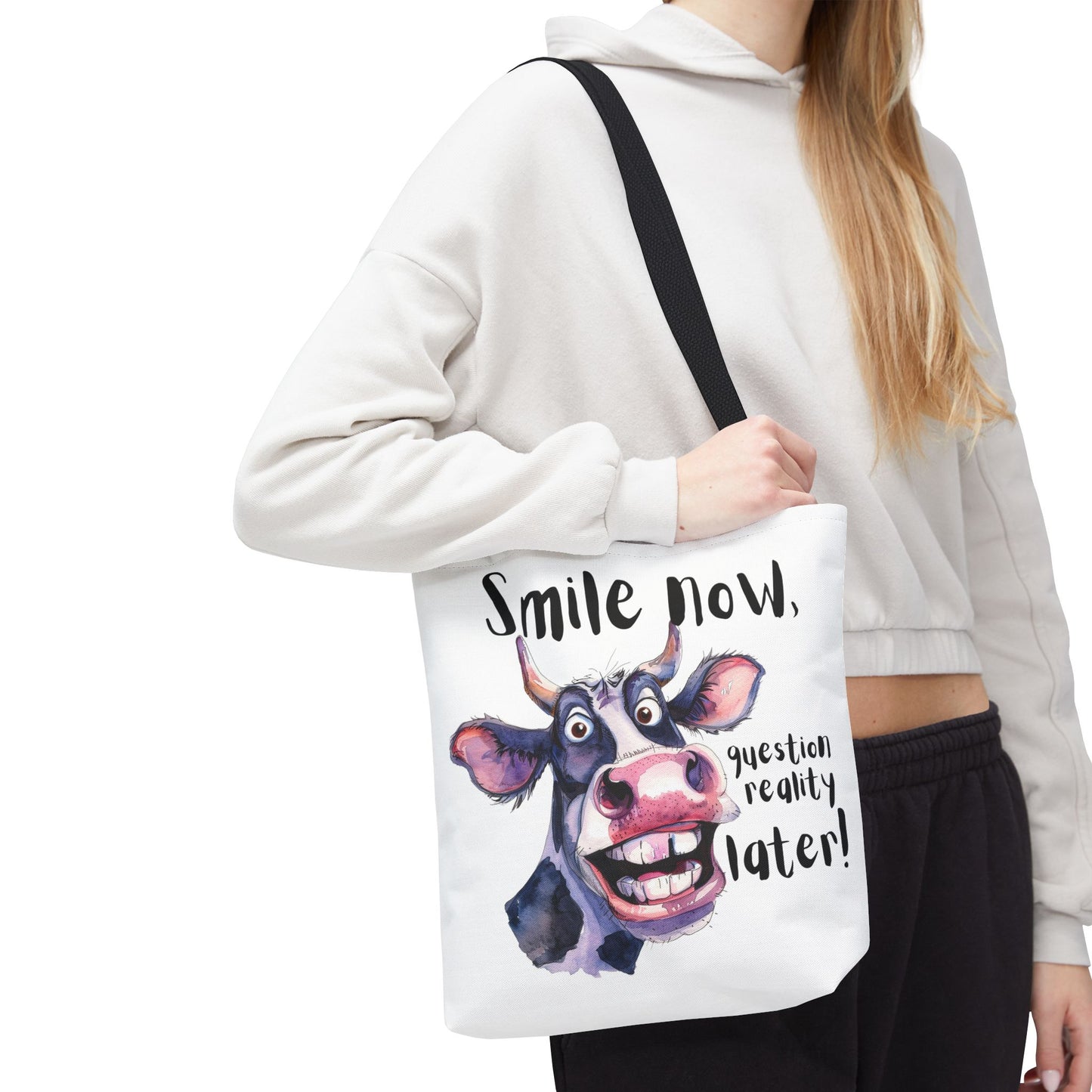 Funny Cow Tote Bag - 'Smile Now, Question Reality Later!' - Great Gift Idea, Mother's Day Gift