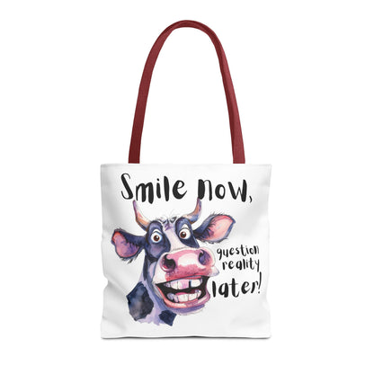 Funny Cow Tote Bag - 'Smile Now, Question Reality Later!' - Great Gift Idea, Mother's Day Gift