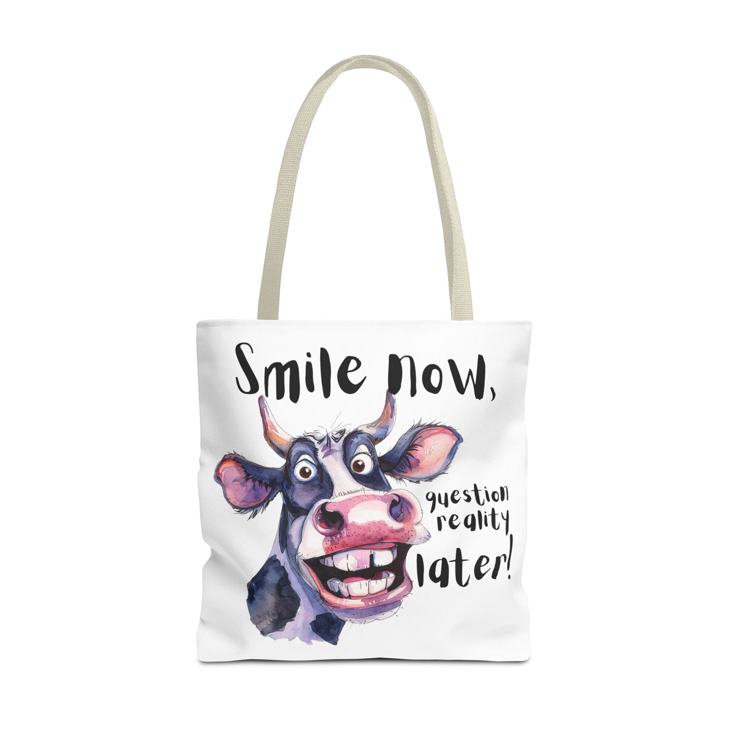 Funny Cow Tote Bag - 'Smile Now, Question Reality Later!' - Great Gift Idea, Mother's Day Gift
