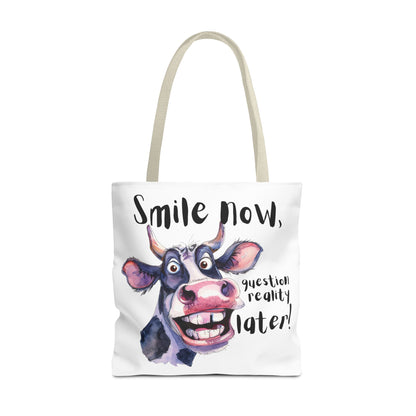 Funny Cow Tote Bag - 'Smile Now, Question Reality Later!' - Great Gift Idea, Mother's Day Gift