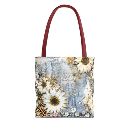 Chic Floral (Daisies and Sunflowers) Tote Bag with Leopard, Denim, and Lace Print - Stylish Everyday Accessory