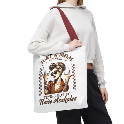 Funny Mom Tote Bag - Just a Mom Trying Not to Raise Assholes - Mother's Day Gift