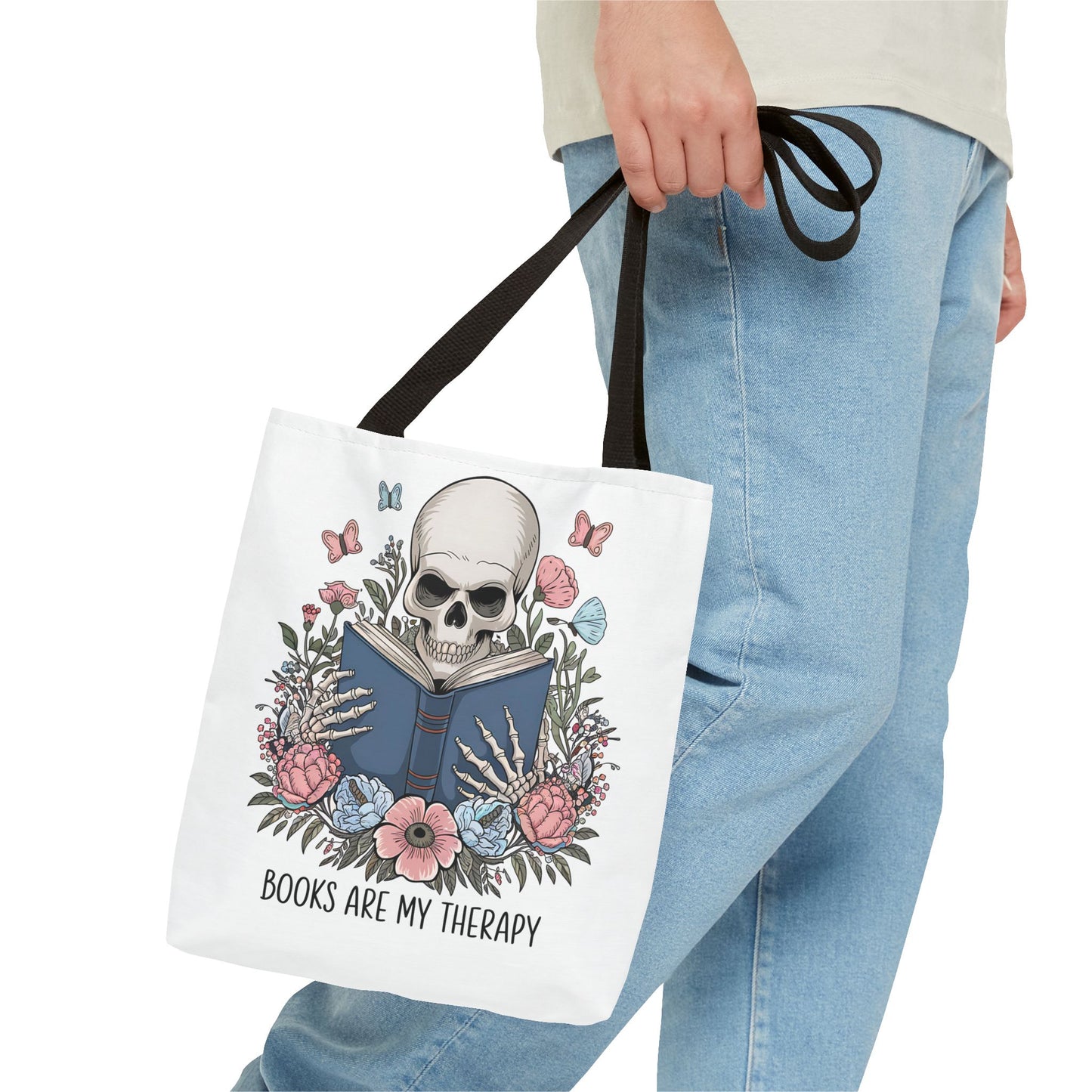 Books Are My Therapy- Skeleton Floral Tote Bag - Perfect Gift for Book Lovers