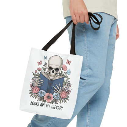Books Are My Therapy- Skeleton Floral Tote Bag - Perfect Gift for Book Lovers