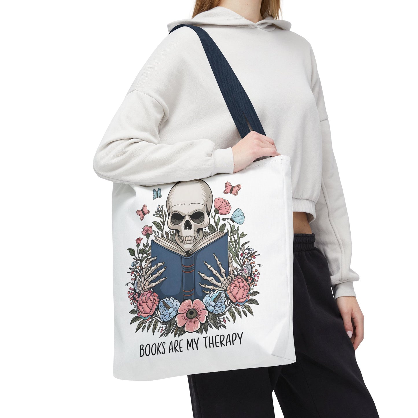 Books Are My Therapy- Skeleton Floral Tote Bag - Perfect Gift for Book Lovers
