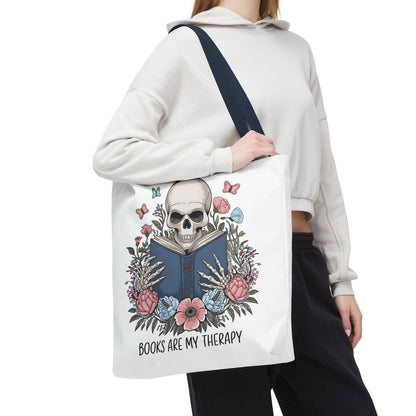 Books Are My Therapy- Skeleton Floral Tote Bag - Perfect Gift for Book Lovers