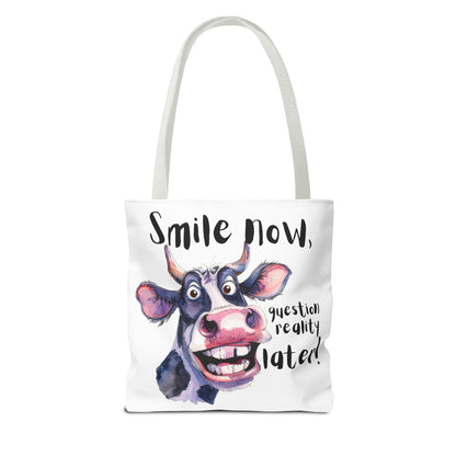Funny Cow Tote Bag - 'Smile Now, Question Reality Later!' - Great Gift Idea, Mother's Day Gift