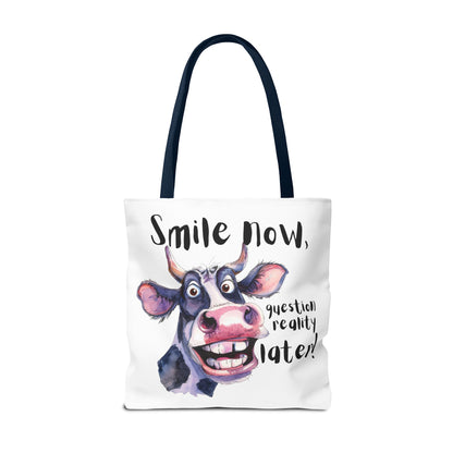 Funny Cow Tote Bag - 'Smile Now, Question Reality Later!' - Great Gift Idea, Mother's Day Gift