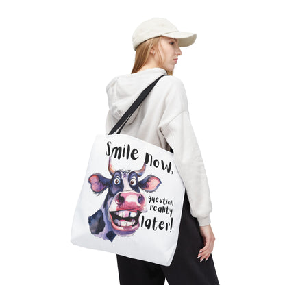 Funny Cow Tote Bag - 'Smile Now, Question Reality Later!' - Great Gift Idea, Mother's Day Gift
