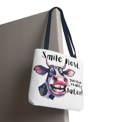 Funny Cow Tote Bag - 'Smile Now, Question Reality Later!' - Great Gift Idea, Mother's Day Gift