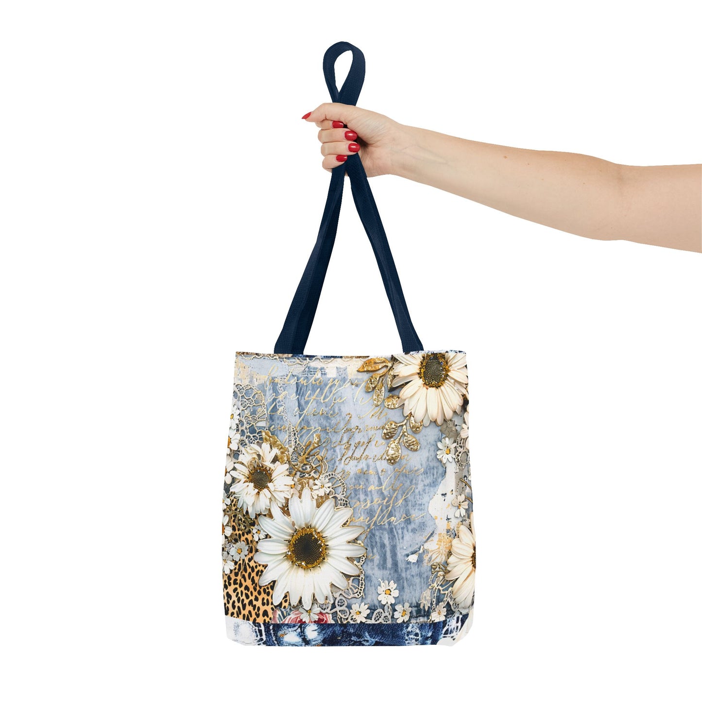 Chic Floral (Daisies and Sunflowers) Tote Bag with Leopard, Denim, and Lace Print - Stylish Everyday Accessory