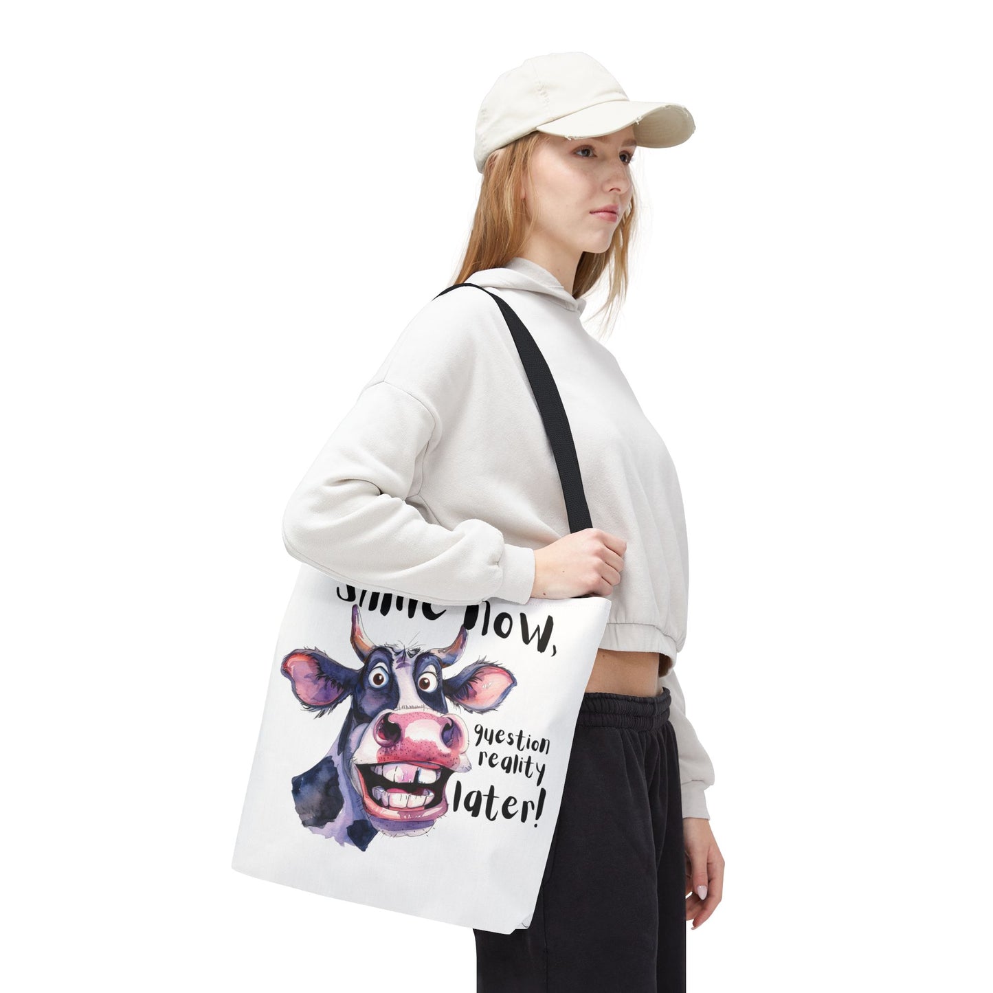 Funny Cow Tote Bag - 'Smile Now, Question Reality Later!' - Great Gift Idea, Mother's Day Gift