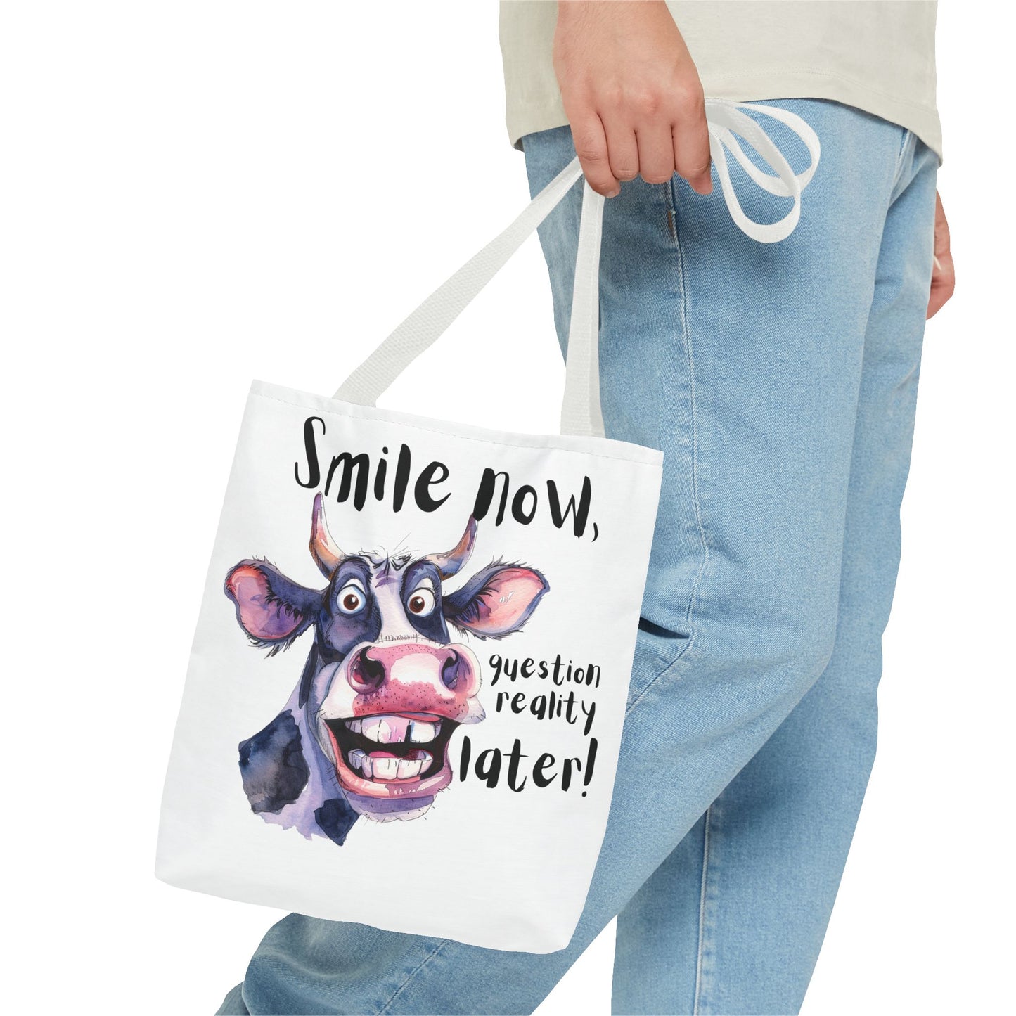 Funny Cow Tote Bag - 'Smile Now, Question Reality Later!' - Great Gift Idea, Mother's Day Gift