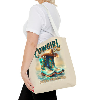 Cowgirl State of Mind Tote Bag – Turquoise and brown cowgirl boots - Cowgirl Era Perfect for Western Lovers and Everyday Use
