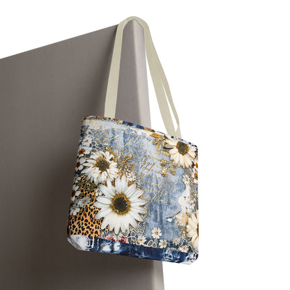 Chic Floral (Daisies and Sunflowers) Tote Bag with Leopard, Denim, and Lace Print - Stylish Everyday Accessory
