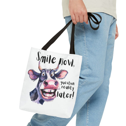 Funny Cow Tote Bag - 'Smile Now, Question Reality Later!' - Great Gift Idea, Mother's Day Gift