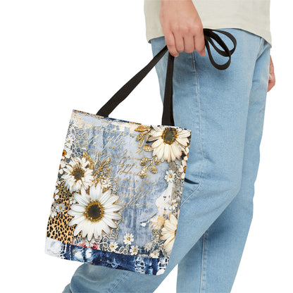Chic Floral (Daisies and Sunflowers) Tote Bag with Leopard, Denim, and Lace Print - Stylish Everyday Accessory