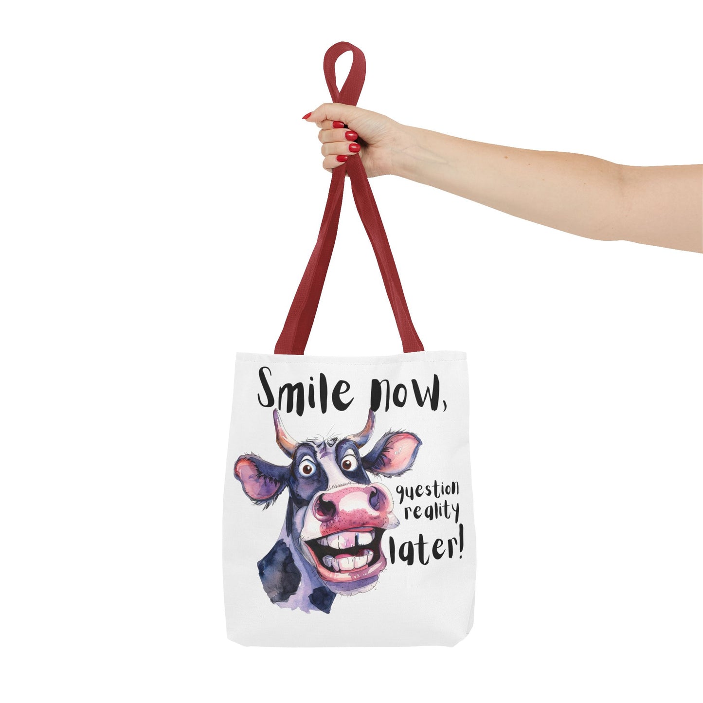 Funny Cow Tote Bag - 'Smile Now, Question Reality Later!' - Great Gift Idea, Mother's Day Gift